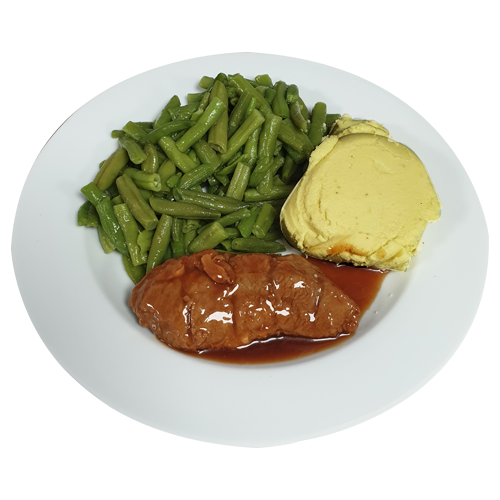 Kalfslap Vleesjus Sperziebonen Aardappelpuree(natrium/zoutarm) Kalfslap Vleesjus Sperziebonen Aardappelpuree(natrium/zoutarm)